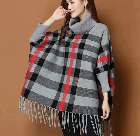 New Women’s Checkered Bat-Wing Fleece Poncho