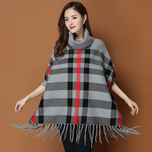 New Women’s Checkered Bat-Wing Fleece Poncho