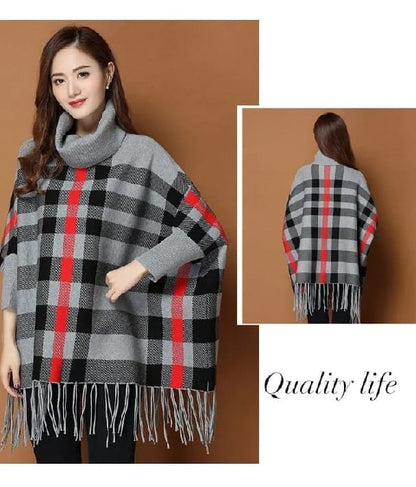 New Women's Checkered Bat-Wing Style Printed Fleece Pohncho.