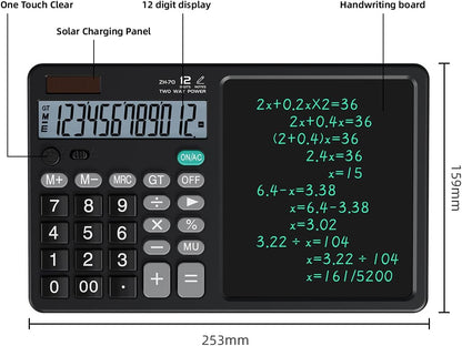 12-Digit Dual Power Calculator with LCD Writing Pad