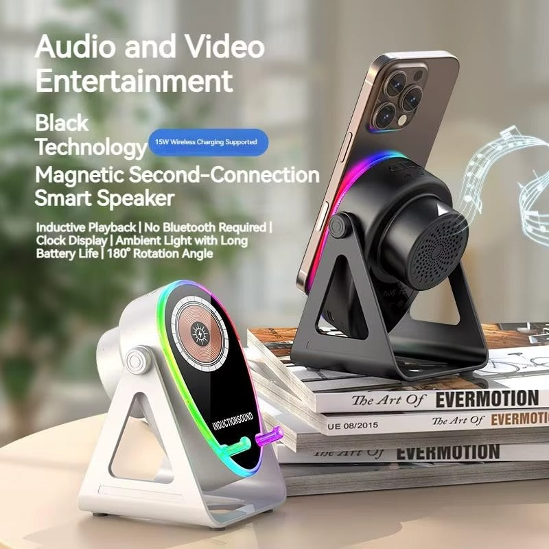 5-in-1 BT Speaker 5000mAh Rechargeable Induction Cell Phone Stand Stereo Sound Gift for Men Women