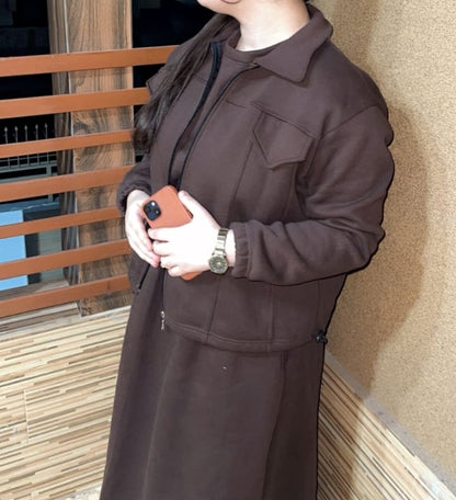 2 Pcs Winter Outfit Long Frock With Upper Fleece Jacket