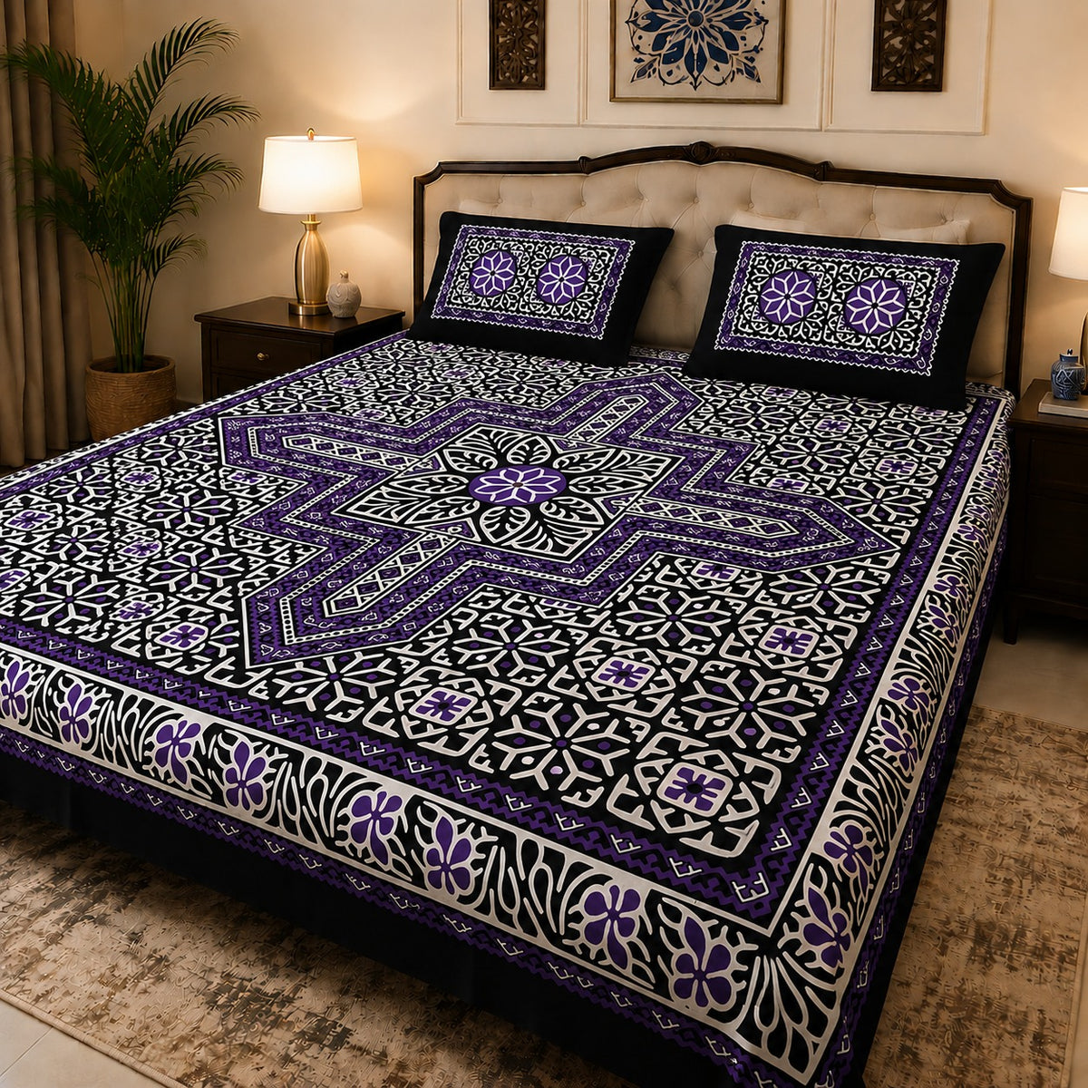King Size Ajrak Block Print Cotton Bedsheet Set