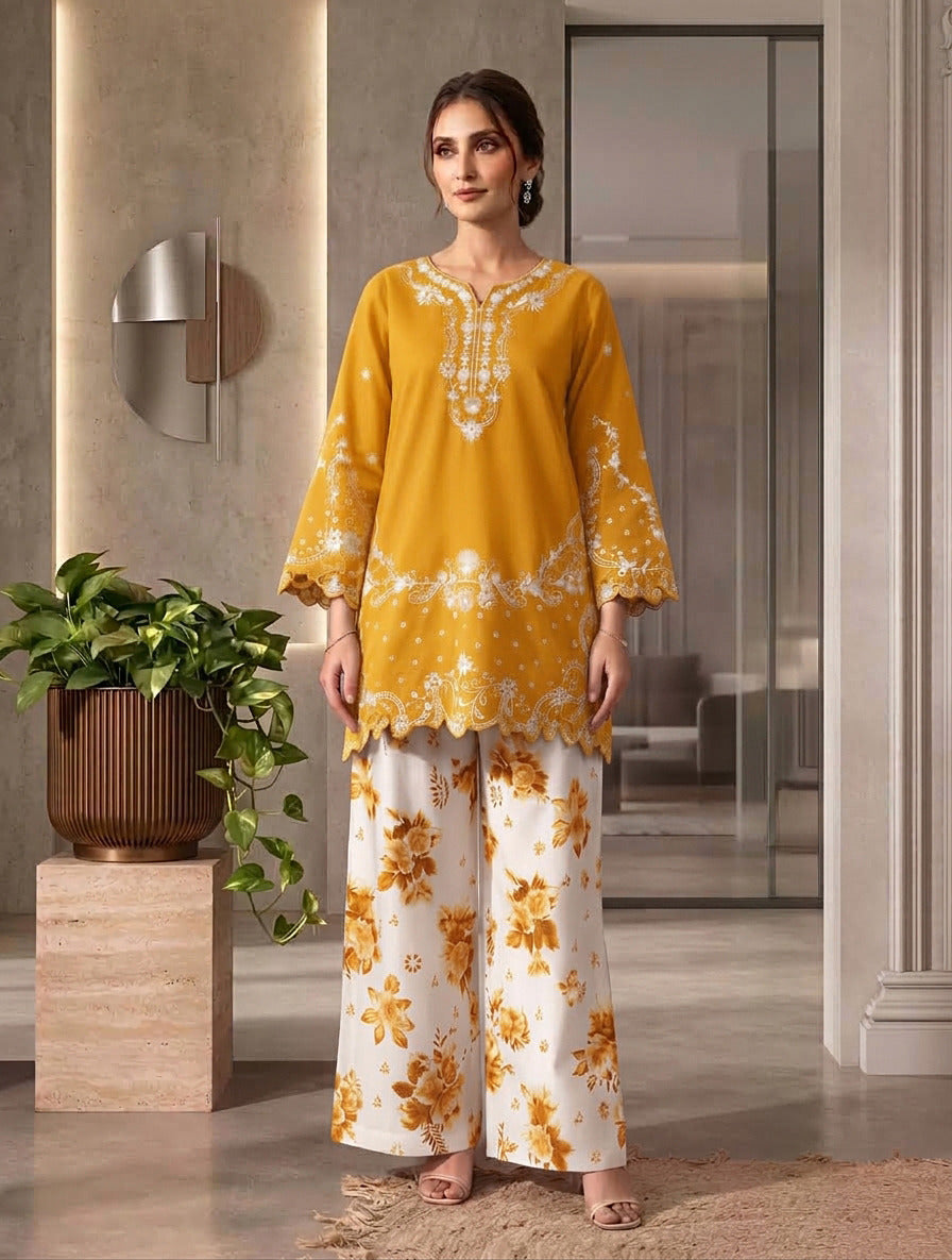 Chikinkari Embroidery Shirt With Printed Farshi Shalwar 2pcs