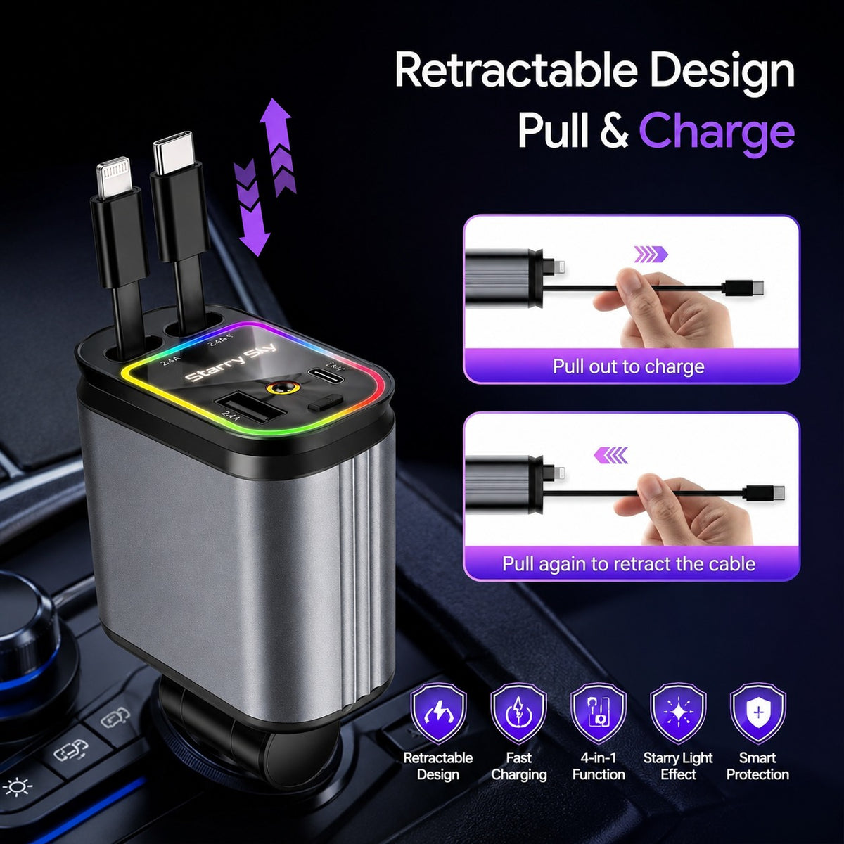 Retractable 4-in-1 Car Charger with Star Light