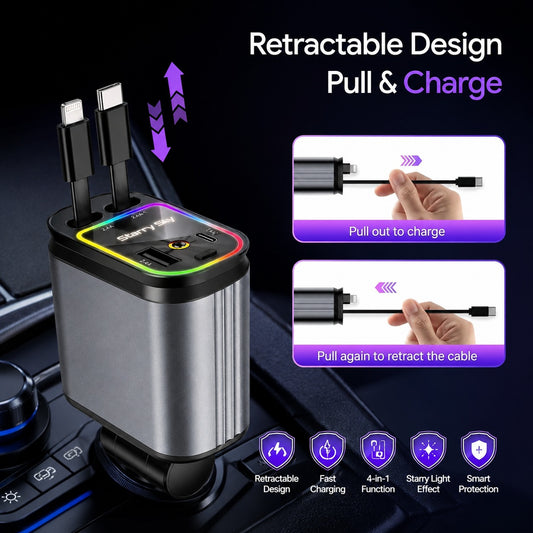 Retractable 4-in-1 Car Charger with Star Light